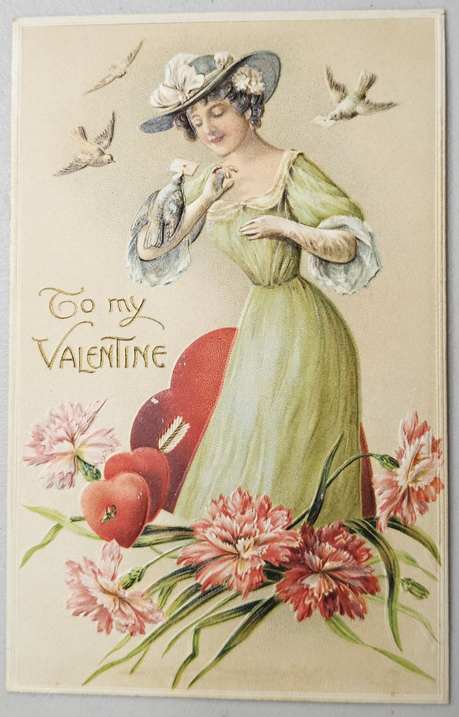 Vintage Valentine Postcard, Antique Valentine's Post Card, Edwardian Woman in Green Gown with Flowers Doves and Hearts, Embossed German Card