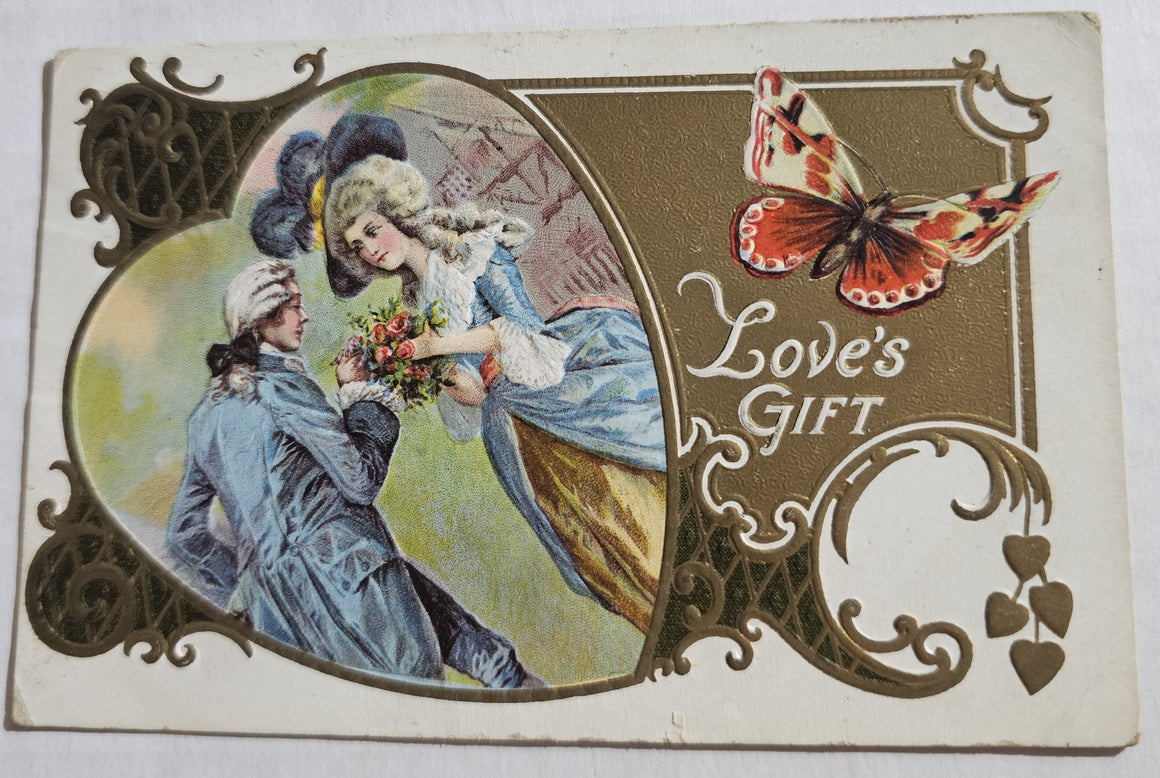 Vintage Valentine Postcard, Courting Colonial Couple with Butterfly and Gold Embossed Background, Antique Post Card