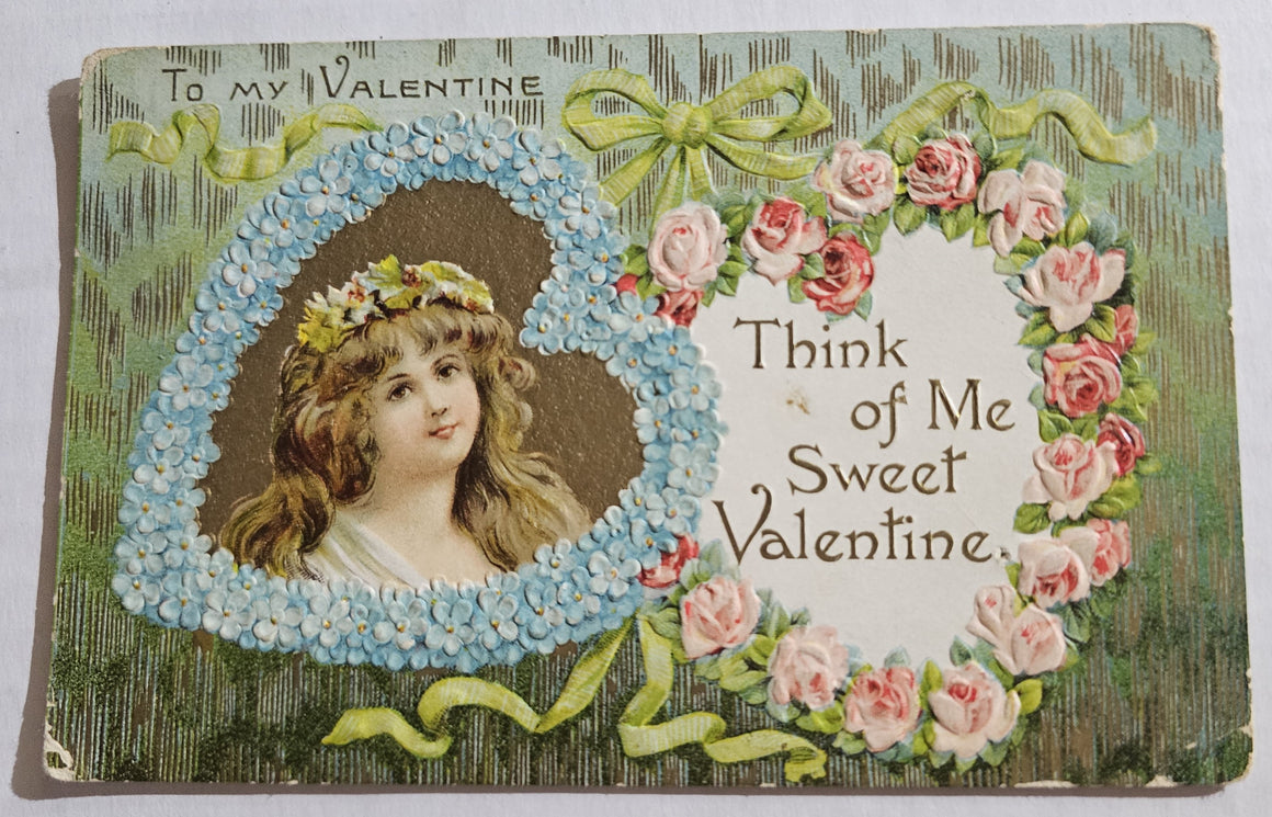 Vintage Valentine Postcard, Art Nouveau Woman Face Portrait in Blue Flower Heart, Antique Post Card Series 2920