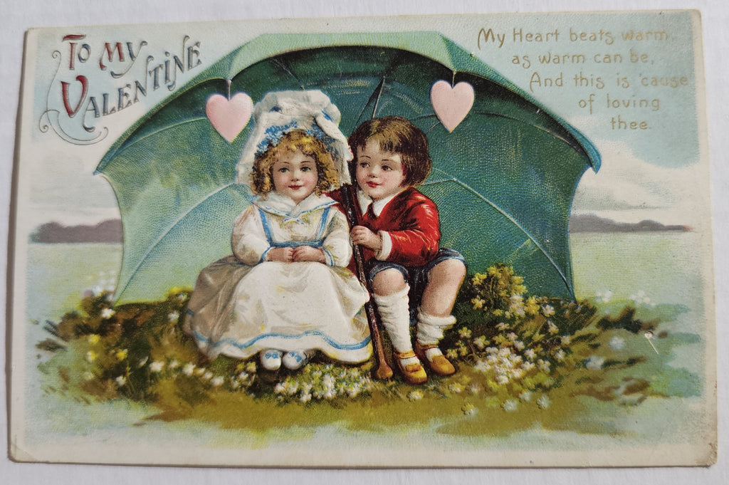 Vintage Valentine Postcard, Young Boy & Girl Under Giant Umbrella with Hearts, Antique Post Card Clapsaddle IAP