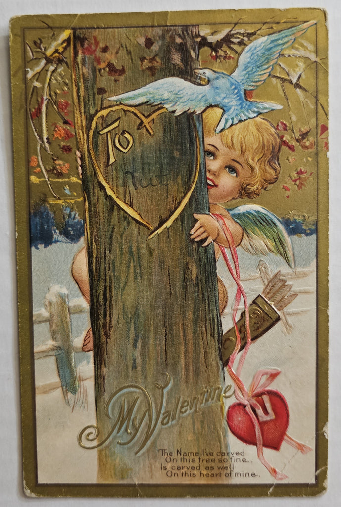 Vintage Valentine Postcard, Series 1 Cupid Hiding Behind Tree, Antique Post Card