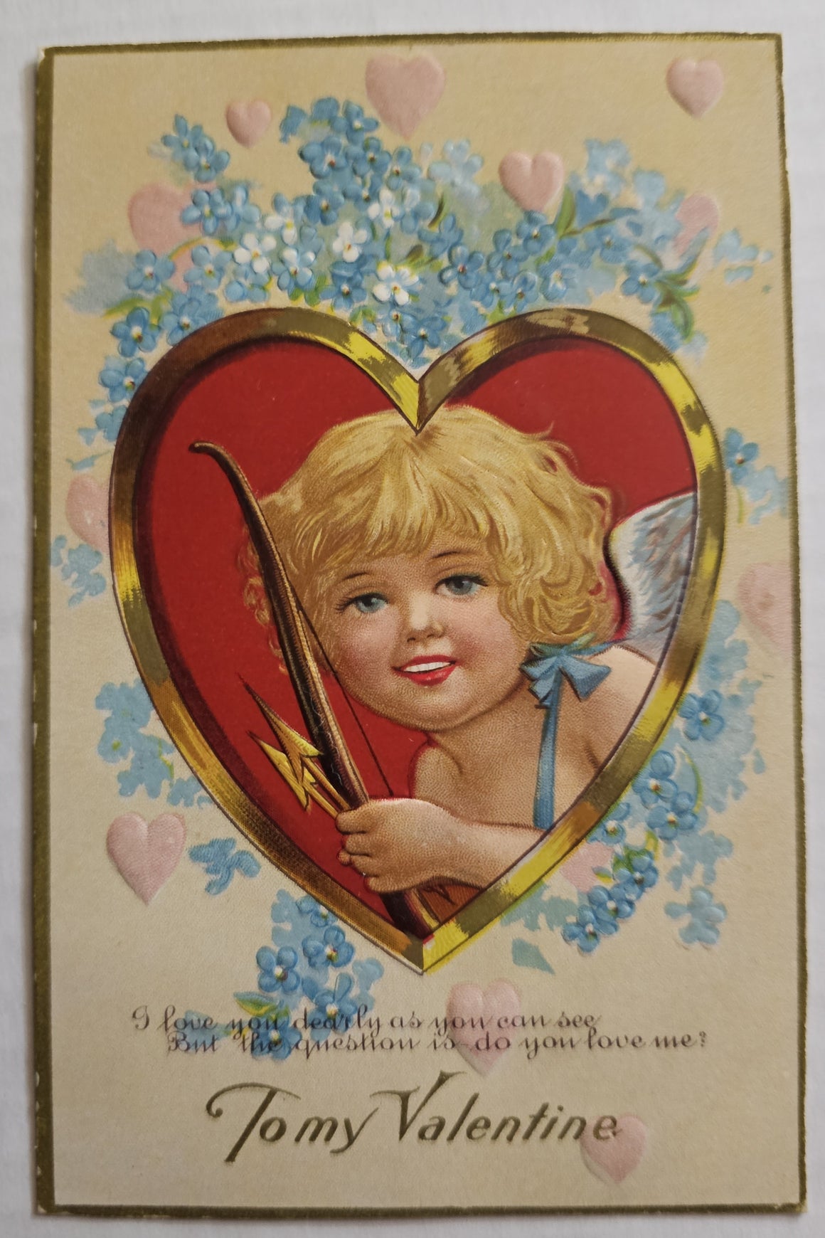 Vintage Valentine Postcard, Cupid in Giant Red Heart Window Series 1, Antique Post Card