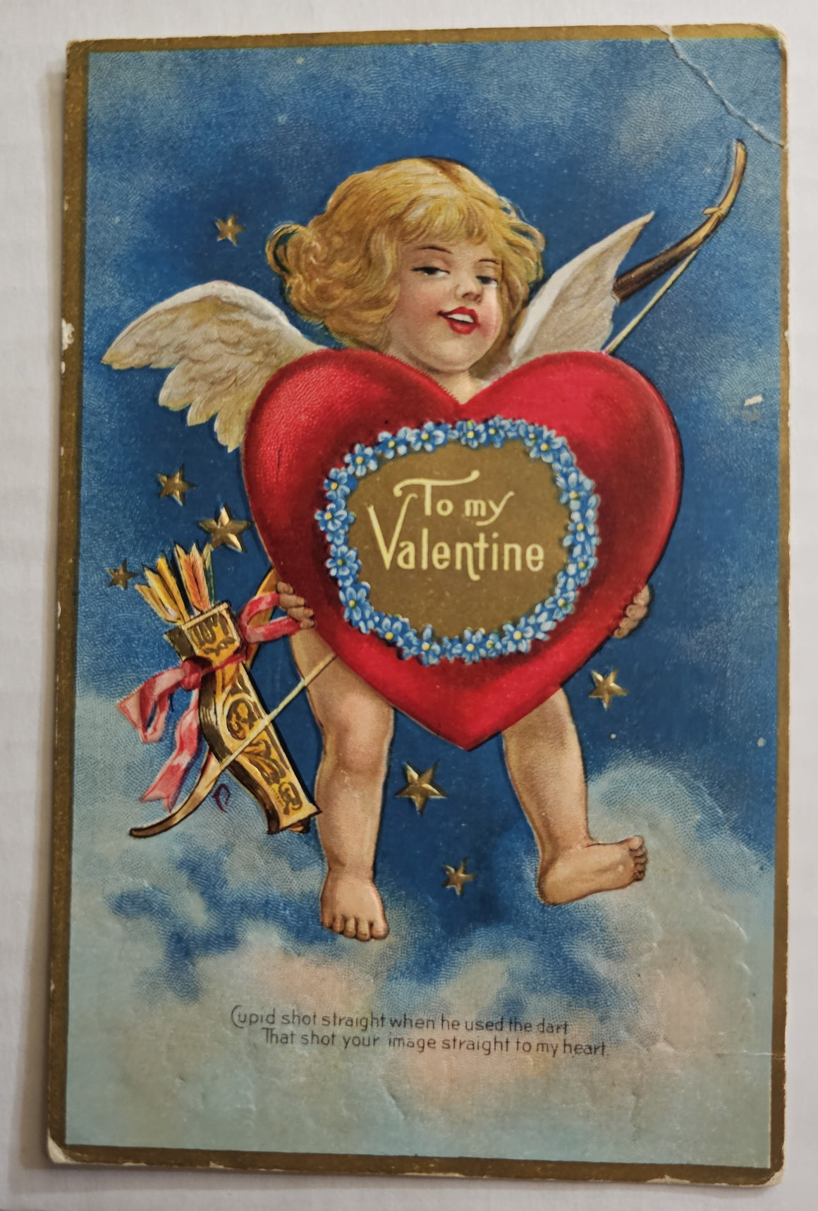 Vintage Valentine Postcard, Cupid in Clouds Holding Giant Heart with Bow & Arrow, Antique Post Card Series 1