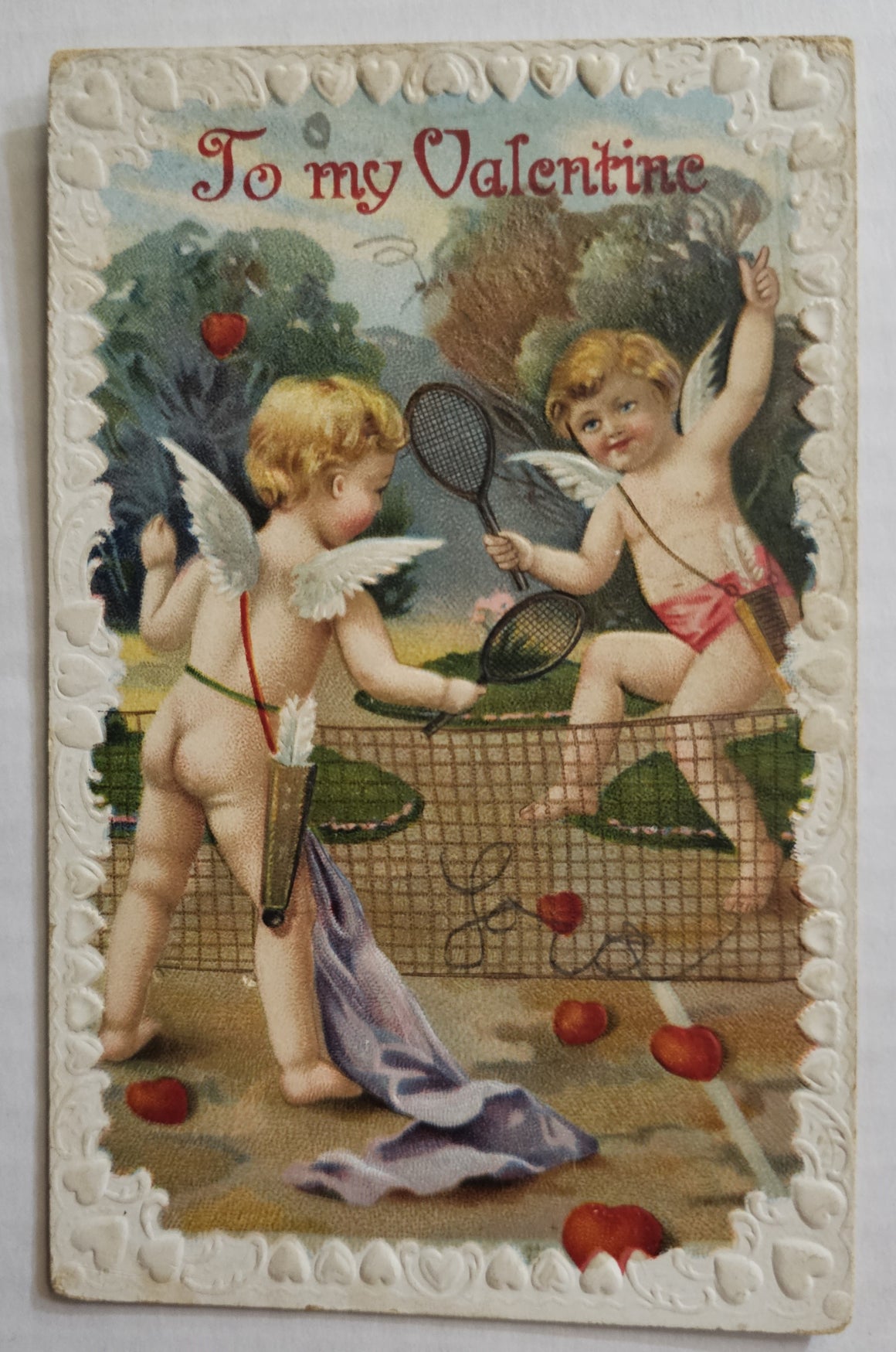 Vintage Valentine Postcard, Art Nouveau Style Cupids Playing Tennis with Hearts, Antique Post Card