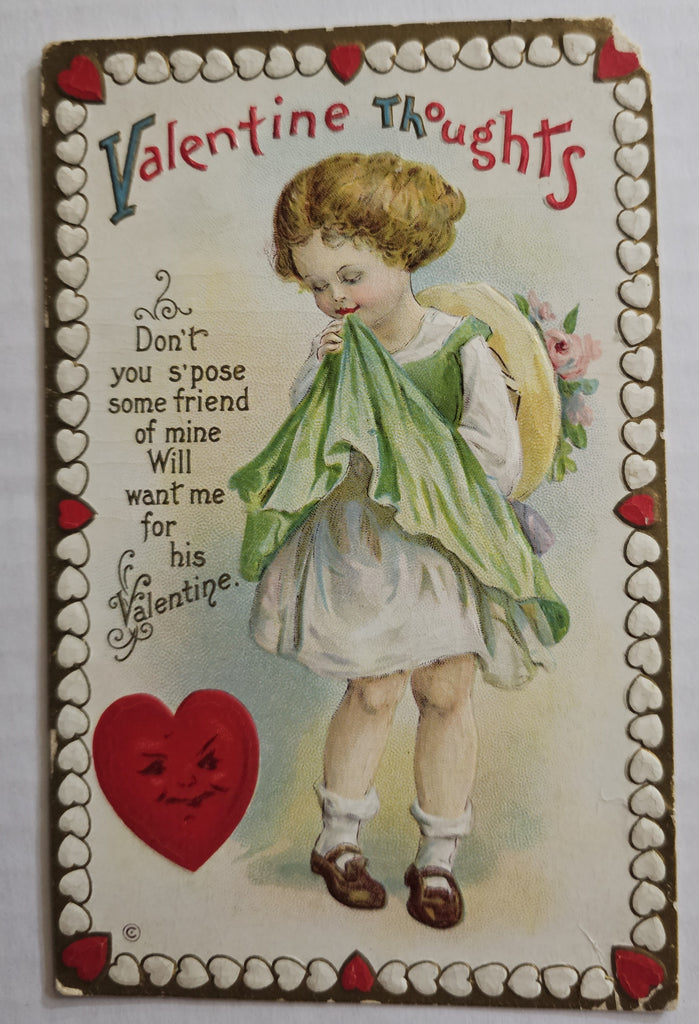 Vintage Valentine Postcard, Little Girl in Green Dress with Animated Heart Series 232, Antique Post Card