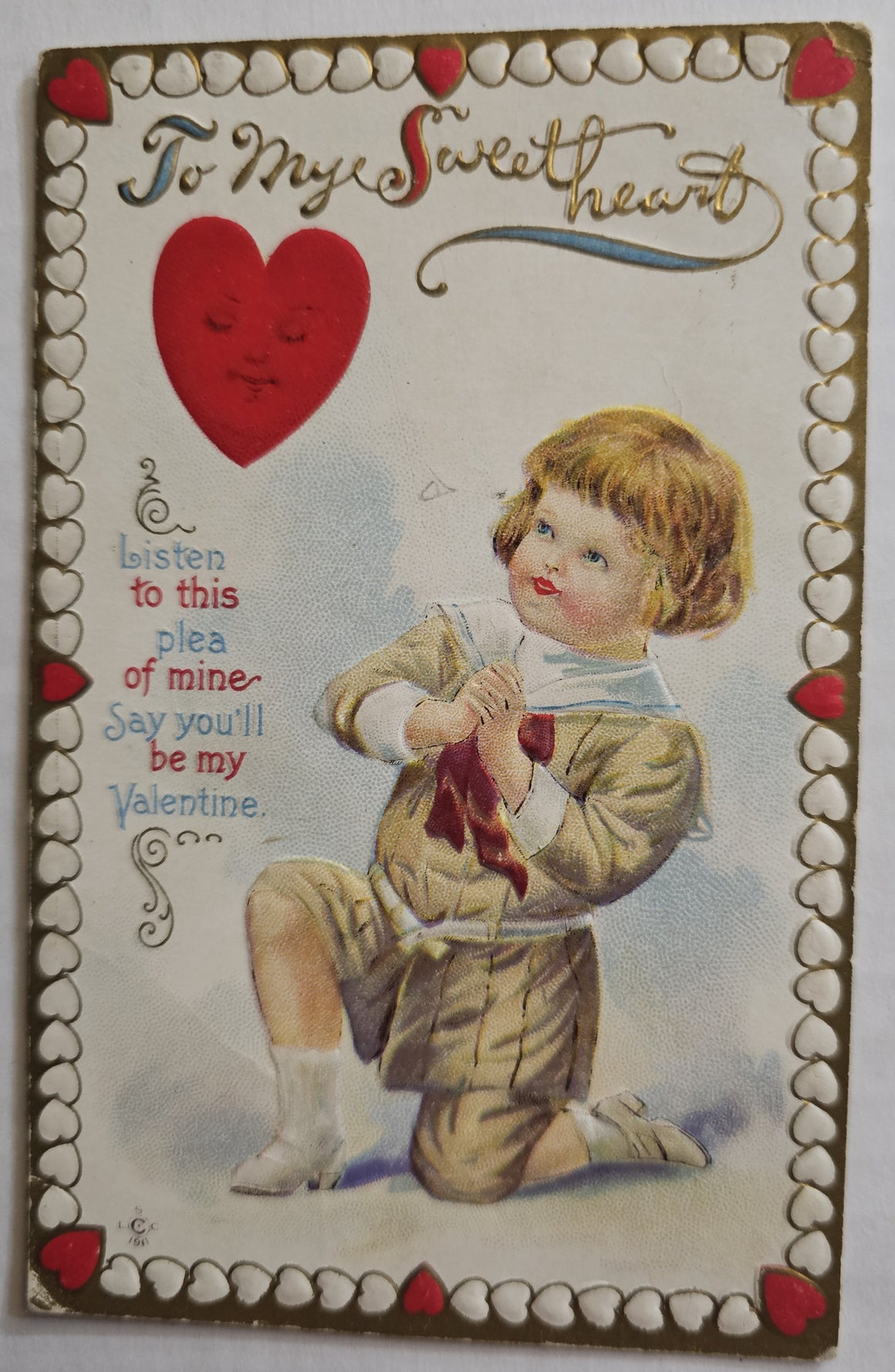 Vintage Valentine Postcard, Little Boy in Sailor Suit with Animated Heart Series 232, Antique Post Card