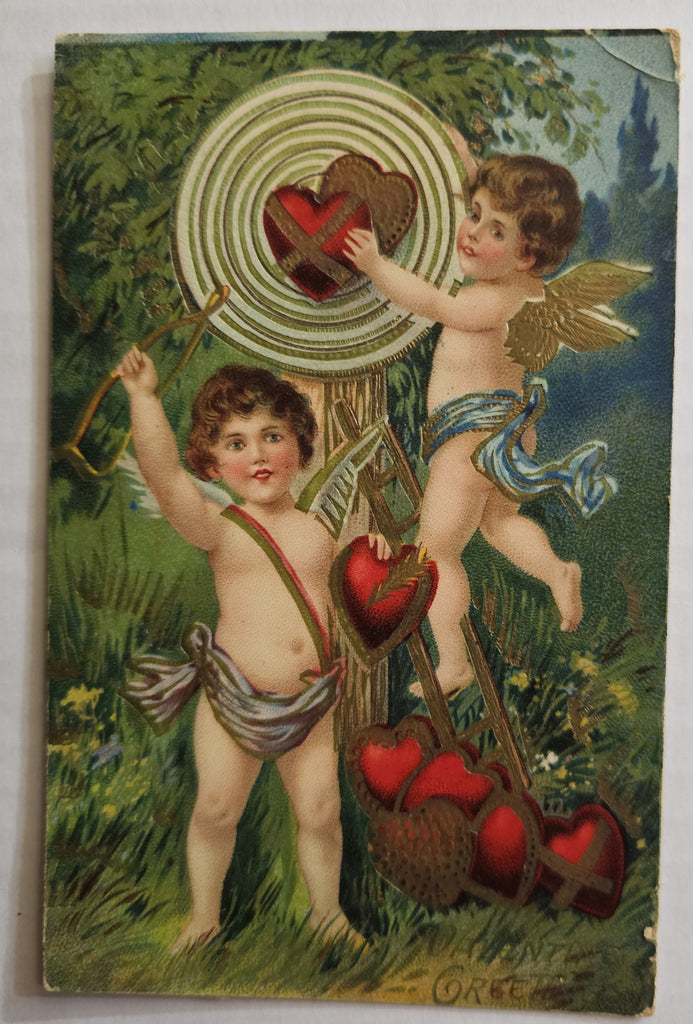 Vintage Valentine Postcard, German Series 244 Cupids Playing Bullseye with Hearts, Antique Post Card Gel Finish