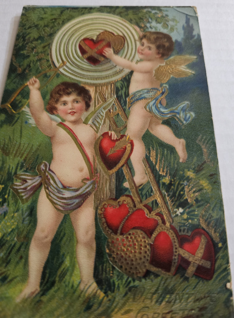 Vintage Valentine Postcard, German Series 244 Cupids Playing Bullseye with Hearts, Antique Post Card Gel Finish