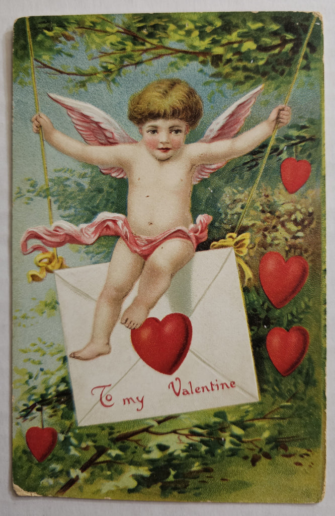 Vintage Valentine Postcard, Cupid Riding Giant Envelope Swing with Red Hearts, Antique Post Card