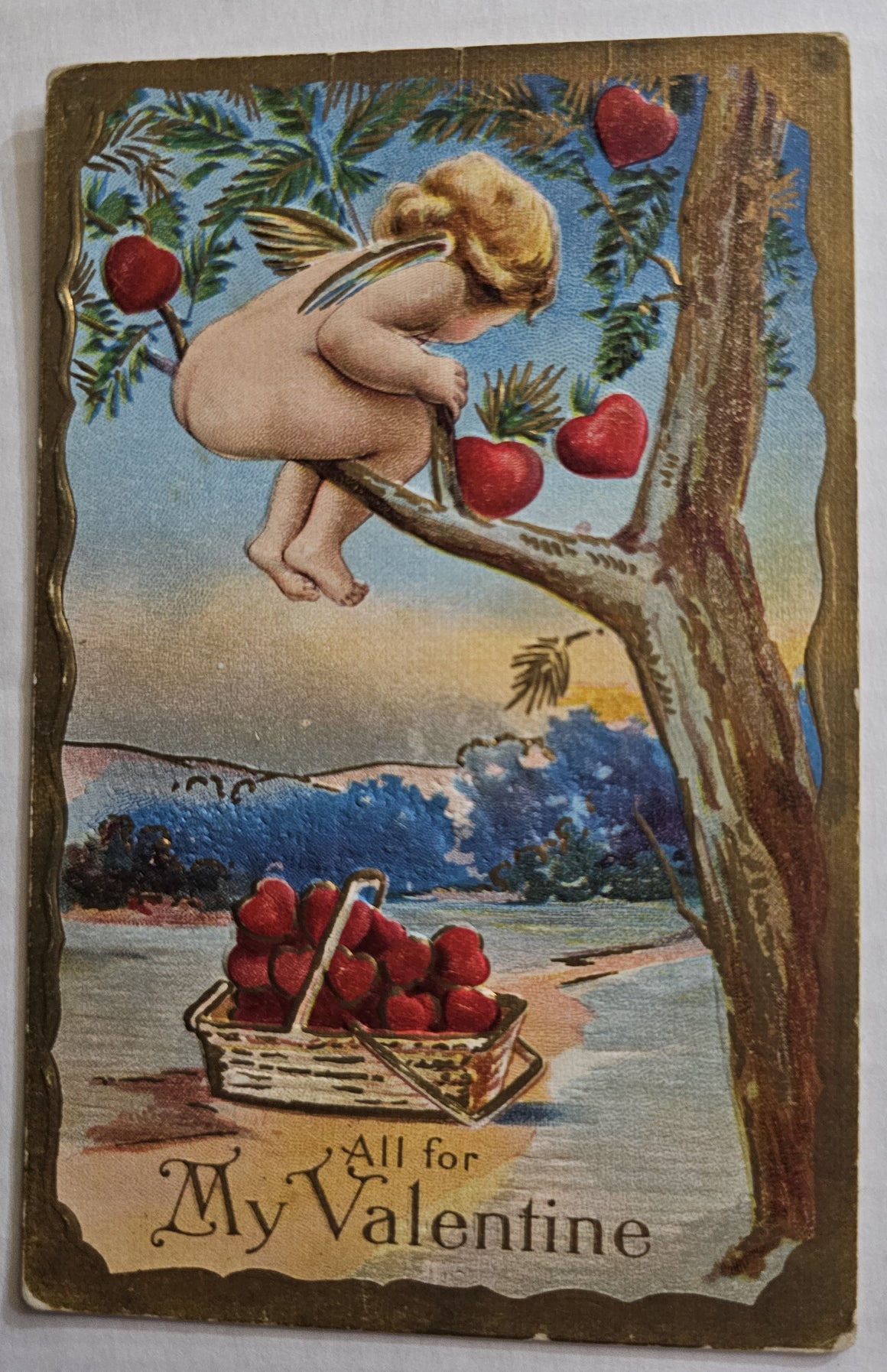 Vintage Valentine Postcard, Cupid Plucking Hearts from Tree Dropping in Basket, Antique Post Card Series 3