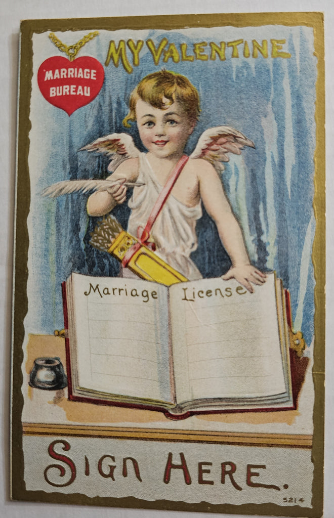 Vintage Valentine Postcard, Cupid at the Bureau Marriage License Desk, Antique Post Card