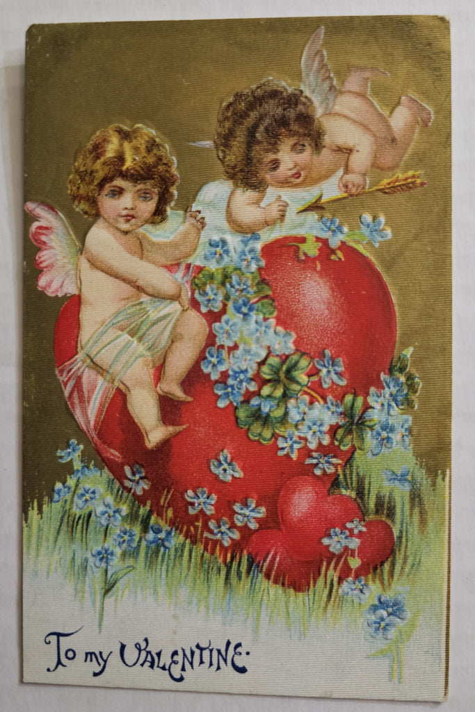 Vintage Valentine Postcard, Cupid Cherubs with Wings on Giant Red Heart, Antique Post Card Textured Background