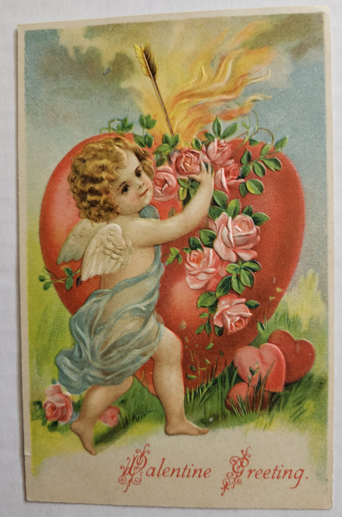 Vintage Valentine Postcard, Cupid with Flaming Heart & Roses BW 312, Antique Post Card