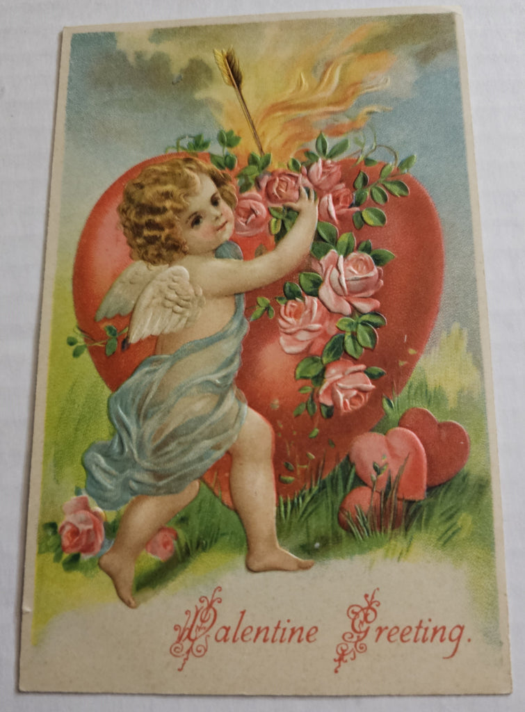 Vintage Valentine Postcard, Cupid with Flaming Heart & Roses BW 312, Antique Post Card