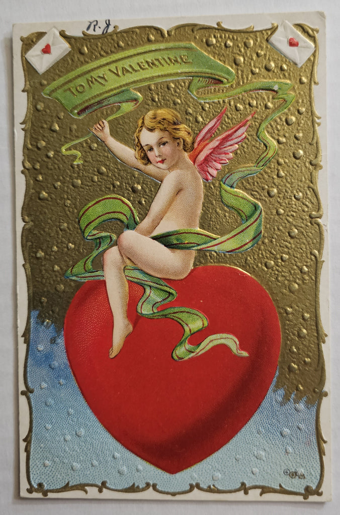 Vintage Valentine Postcard, Cupid Atop Giant Red Heart Gold Embossed Background Series 22, Antique Post Card