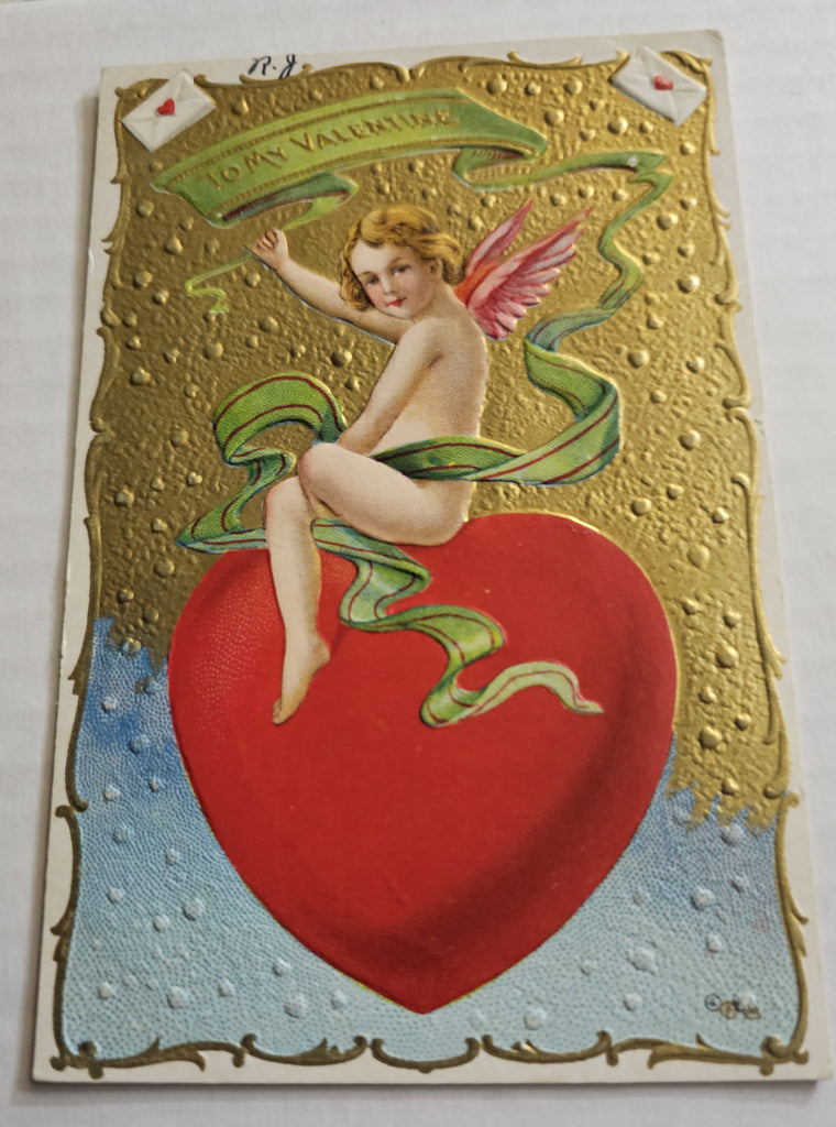 Vintage Valentine Postcard, Cupid Atop Giant Red Heart Gold Embossed Background Series 22, Antique Post Card