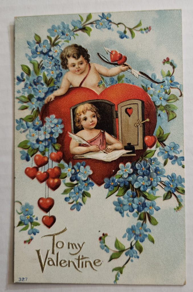 Vintage Valentine Postcard, Cupid Above Heart Shaped Window with Cherub Inside, Antique Post Card