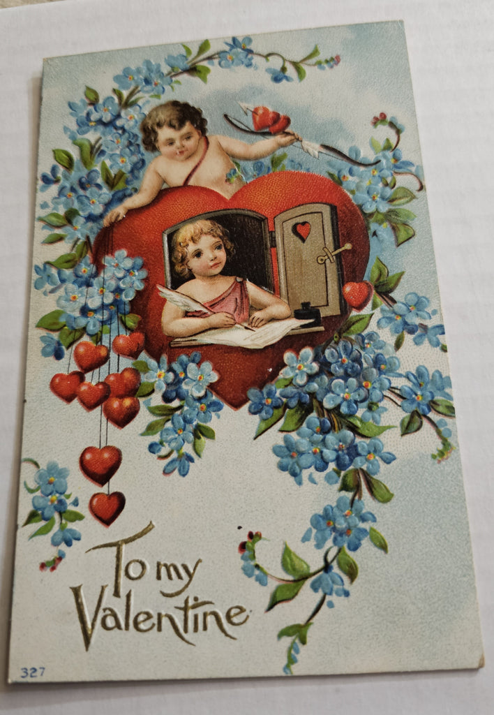 Vintage Valentine Postcard, Cupid Above Heart Shaped Window with Cherub Inside, Antique Post Card