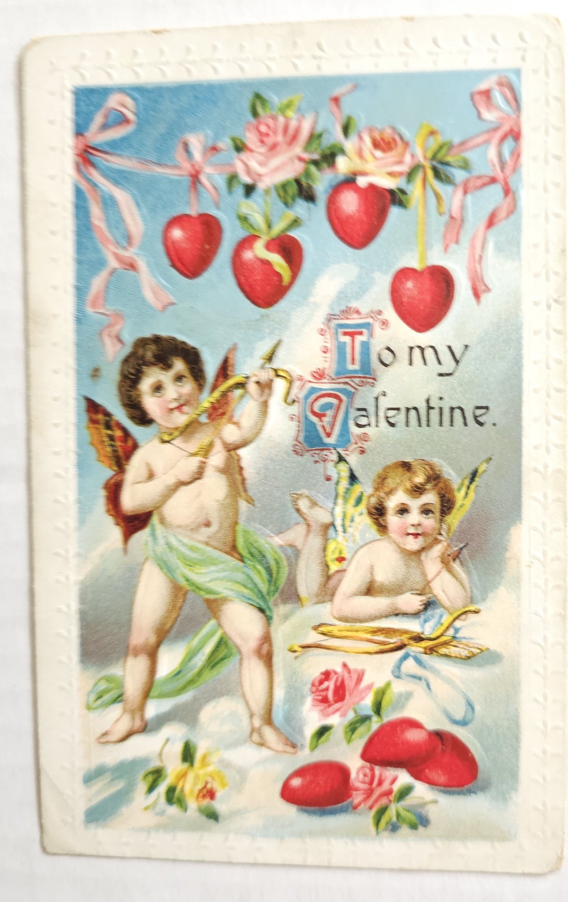 Vintage Valentine Postcard, Cupid Cherubs with Butterfly Wings Playing with Bow & Arrows in Clouds, Antique Post Card