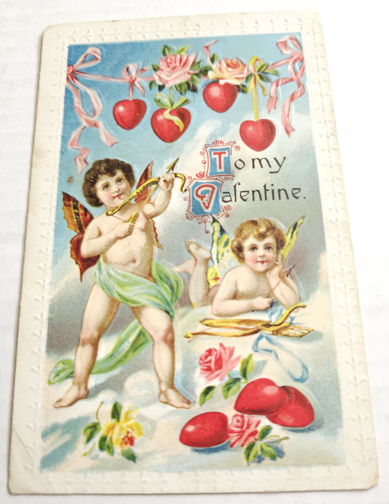 Vintage Valentine Postcard, Cupid Cherubs with Butterfly Wings Playing with Bow & Arrows in Clouds, Antique Post Card