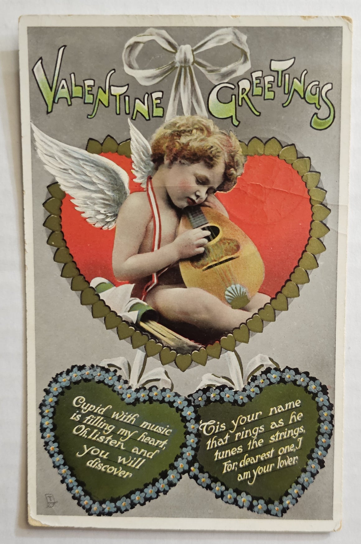 Vintage Valentine Postcard, Cupid with Guitar Tuck Series 132 Rapholette, Antique Post Card Gel Finish