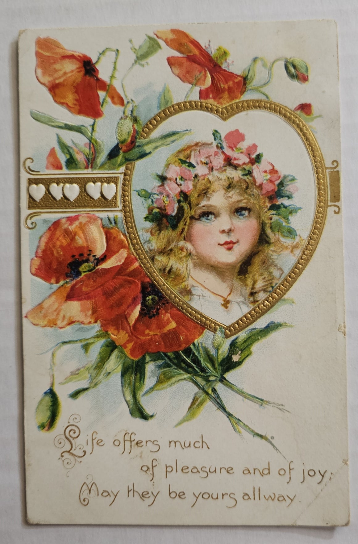 Vintage Valentine Postcard, Raphael Tuck Brundage Girl in Heart Portrait Poppy Flowers, Antique Post Card