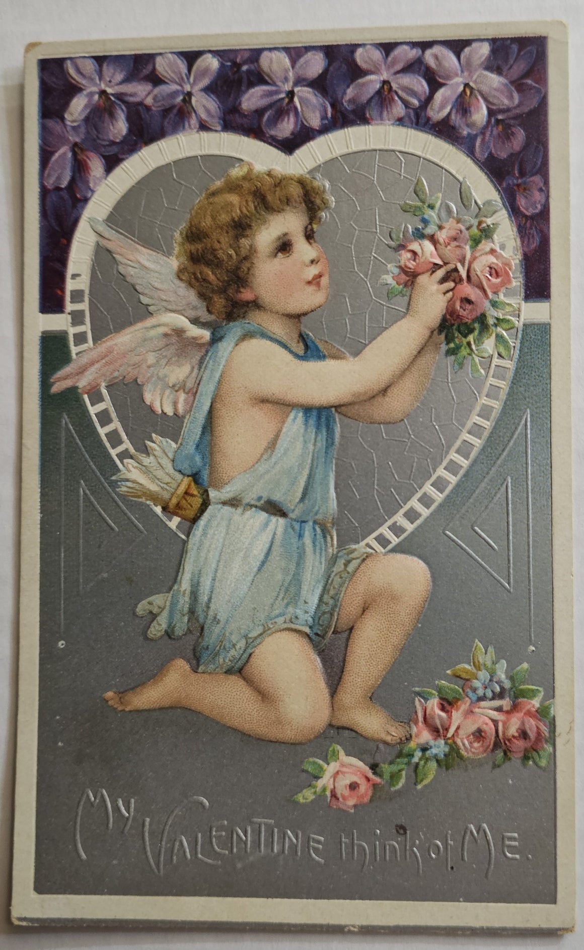 Vintage Valentine Postcard, Beautiful Silver Embossed Cupid on Knee Offering Roses, Art Nouveau Style Antique Post Card