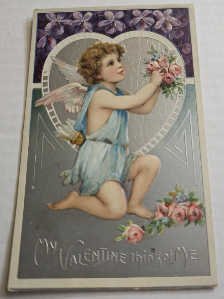 Vintage Valentine Postcard, Beautiful Silver Embossed Cupid on Knee Offering Roses, Art Nouveau Style Antique Post Card