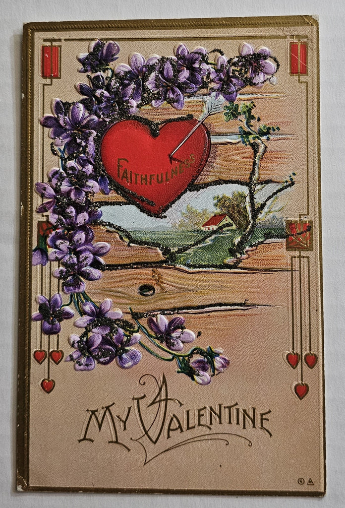 Vintage Valentine Postcard, Series 34 Red Heart with Purple Violets Glitter and Landscape, Antique Post Card