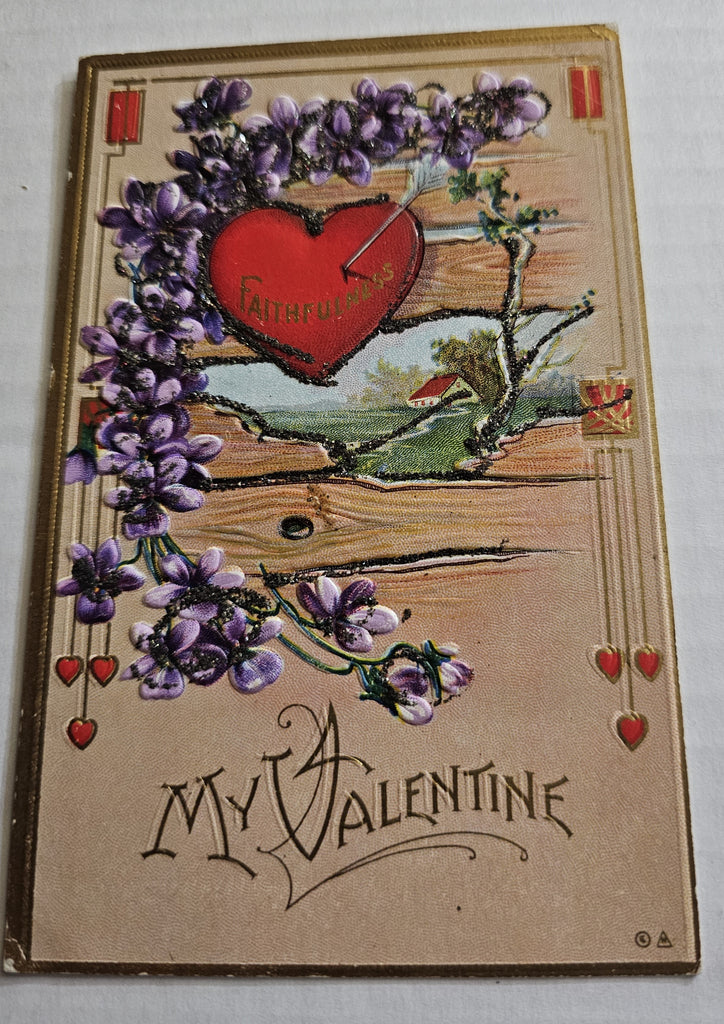 Vintage Valentine Postcard, Series 34 Red Heart with Purple Violets Glitter and Landscape, Antique Post Card