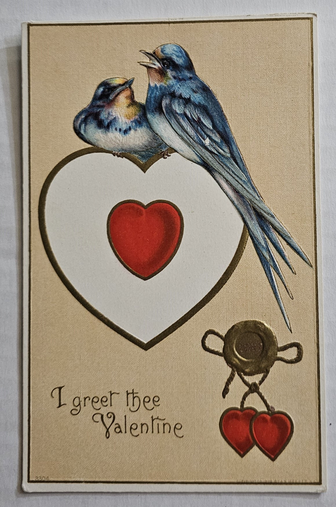 Vintage Valentine Postcard, Blue Birds Atop Heart with Gold Embossing Series 332, Antique Post Card