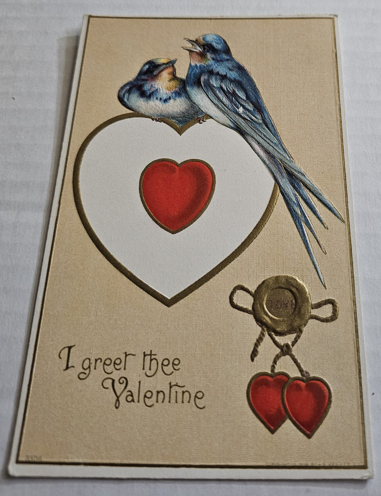 Vintage Valentine Postcard, Blue Birds Atop Heart with Gold Embossing Series 332, Antique Post Card