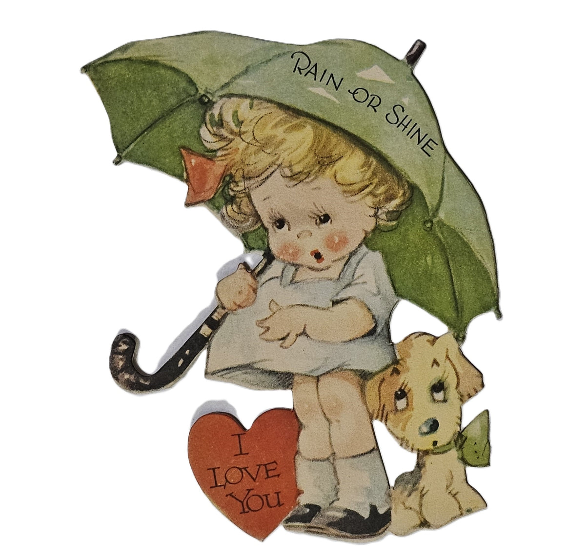 Vintage Die Cut Valentine Little Girl with Puppy Dog Under Umbrella Rain or Shine I Love You