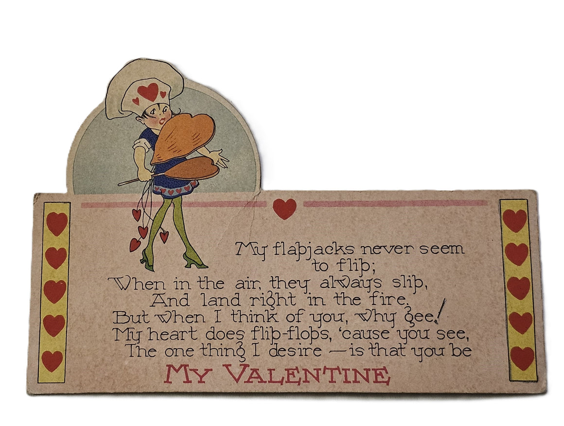 Vintage Die Cut Valentine Art Deco Period Girl Flipping Heart Shaped Pancakes