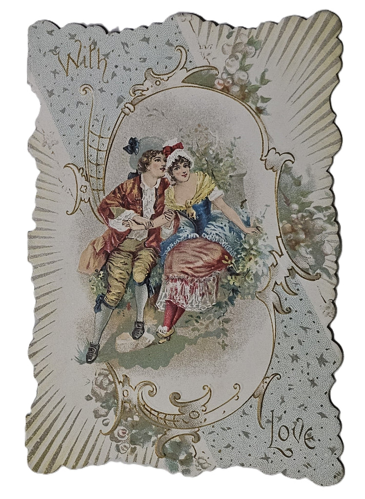 Vintage Die Cut Valentine Card 1900s Embossed Chromolitho Couple with Poem Unused