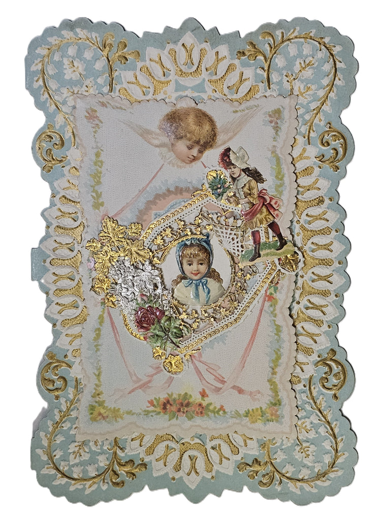 Vintage Antique Die Cut Valentine Card 1800s Embossed Paper Lace Chromolitho Cupid & Children with Gold Foil Poem Unused