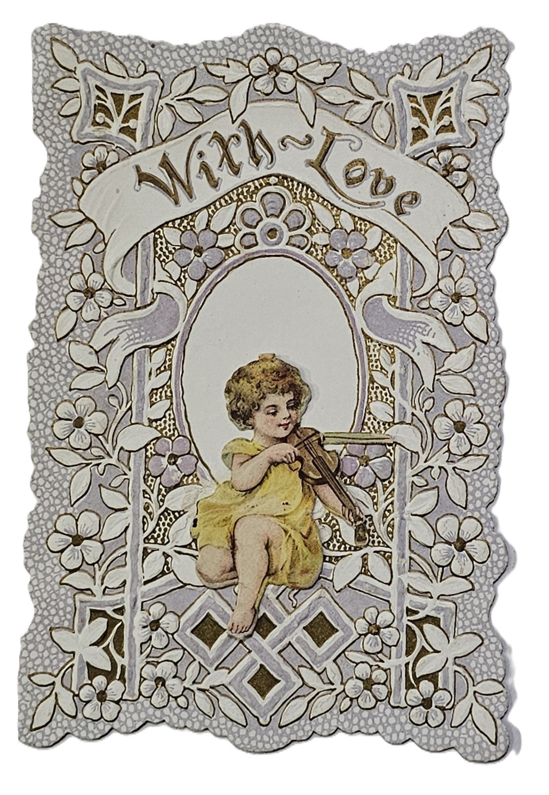 Vintage Antique Die Cut Valentine Card 1900s Gold Embossed Chromolitho Cupid Cherub Playing Violin with Poem Unused