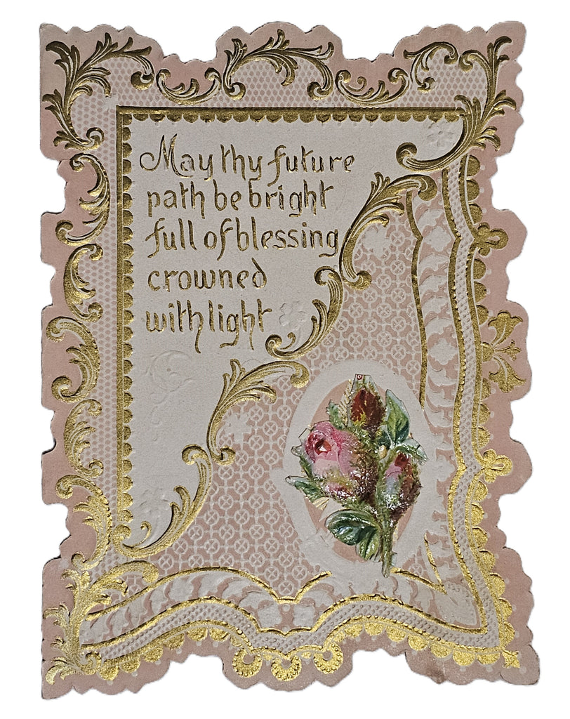 Vintage Antique Die Cut Valentine Card 1900s Gold & Pink Embossed Chromolitho  with Applied Flower Scrap and Poem