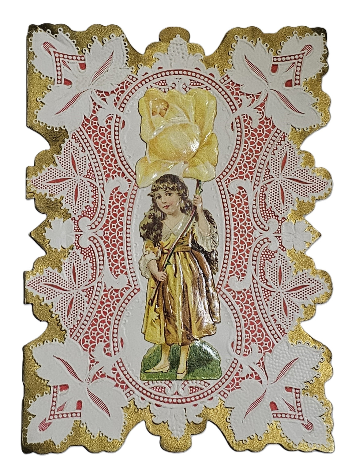 Vintage Antique Die Cut Valentine Card 1900s Gold & Pink Embossed Chromolitho with Girl in Yellow Dress Holding Flower and Poem