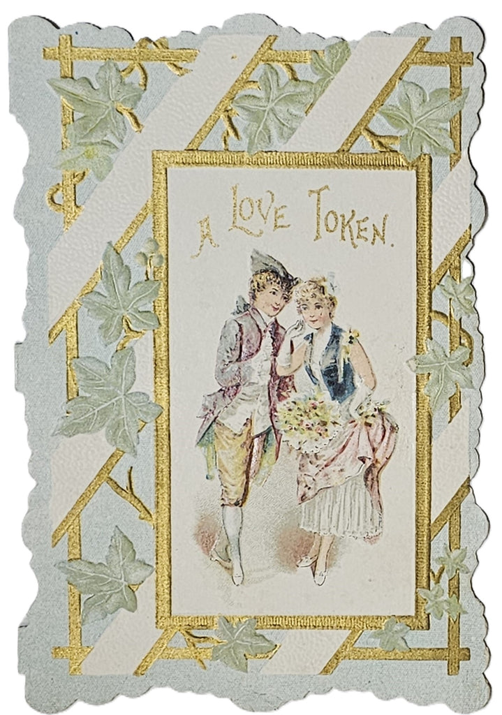 Vintage Antique Die Cut Valentine Card 1900s Gold & Green Embossed Chromolitho Colonial Couple with Poem