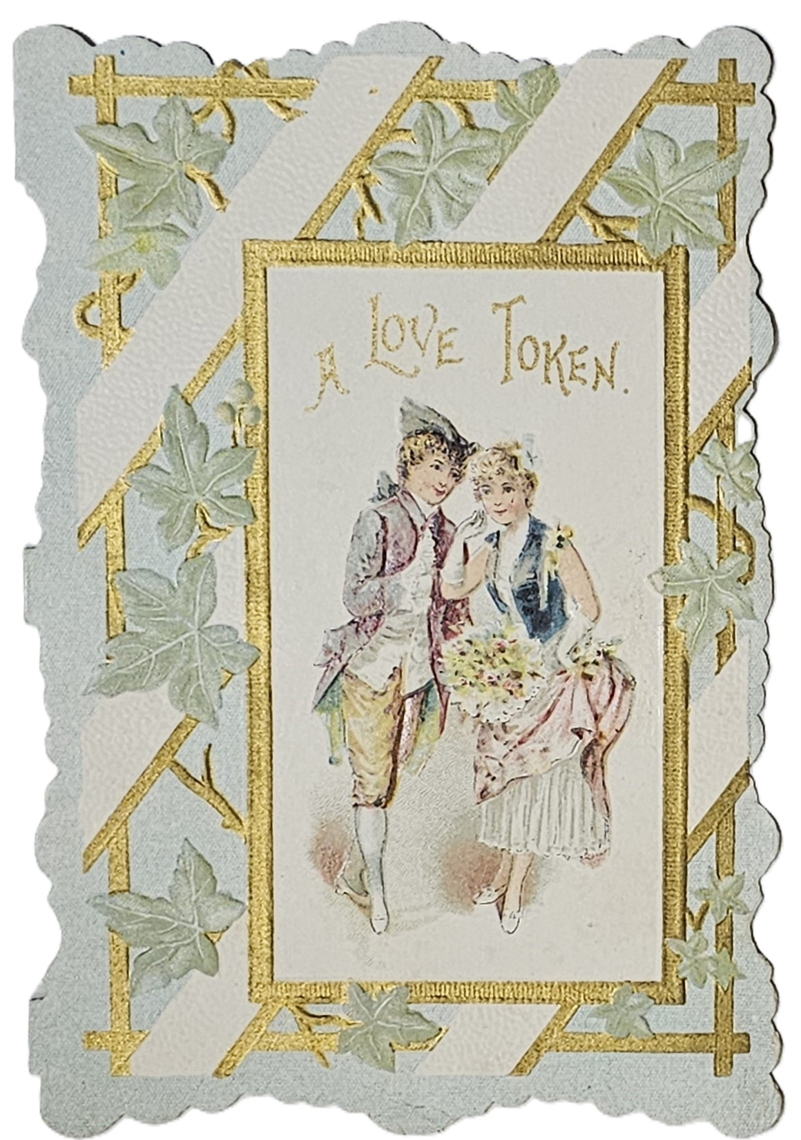 Vintage Antique Die Cut Valentine Card 1900s Gold & Green Embossed Chromolitho Colonial Couple with Poem