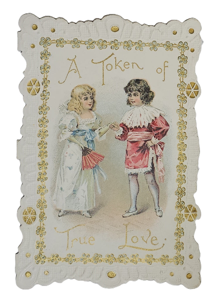 Vintage Antique Die Cut Valentine Card 1900s Gold Embossed Chromolitho  with Young Couple and Poem Token of Love