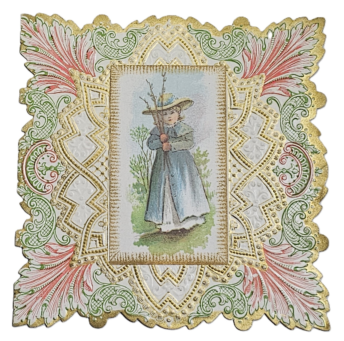 Vintage Antique Die Cut Valentine Card 1900s Gold Pink & Green Embossed Little Girl in Hat