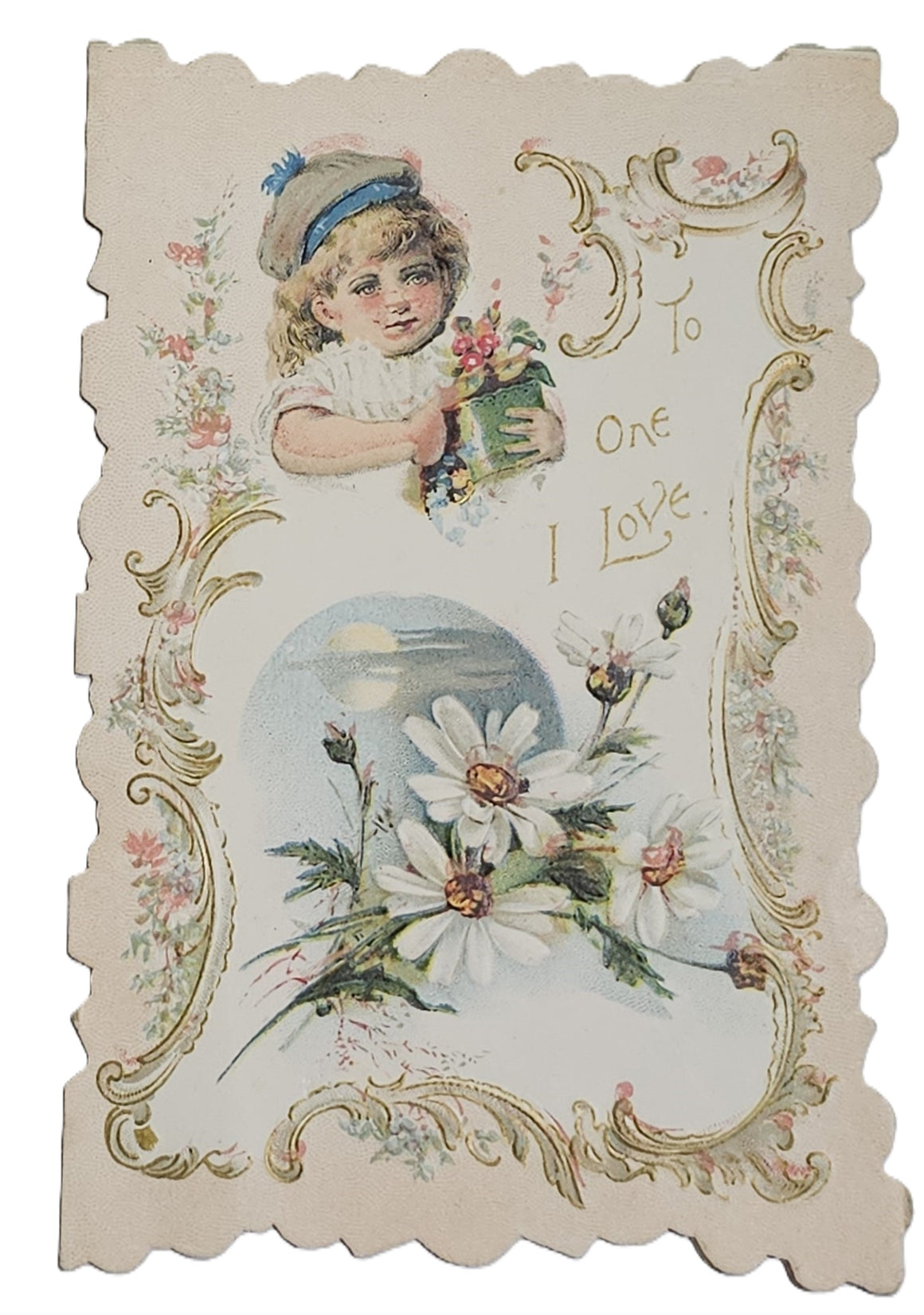 Vintage Antique Die Cut Valentine Card 1900s Pink & Green Embossed Little Girl in Hat with Daisies Poem on Interior