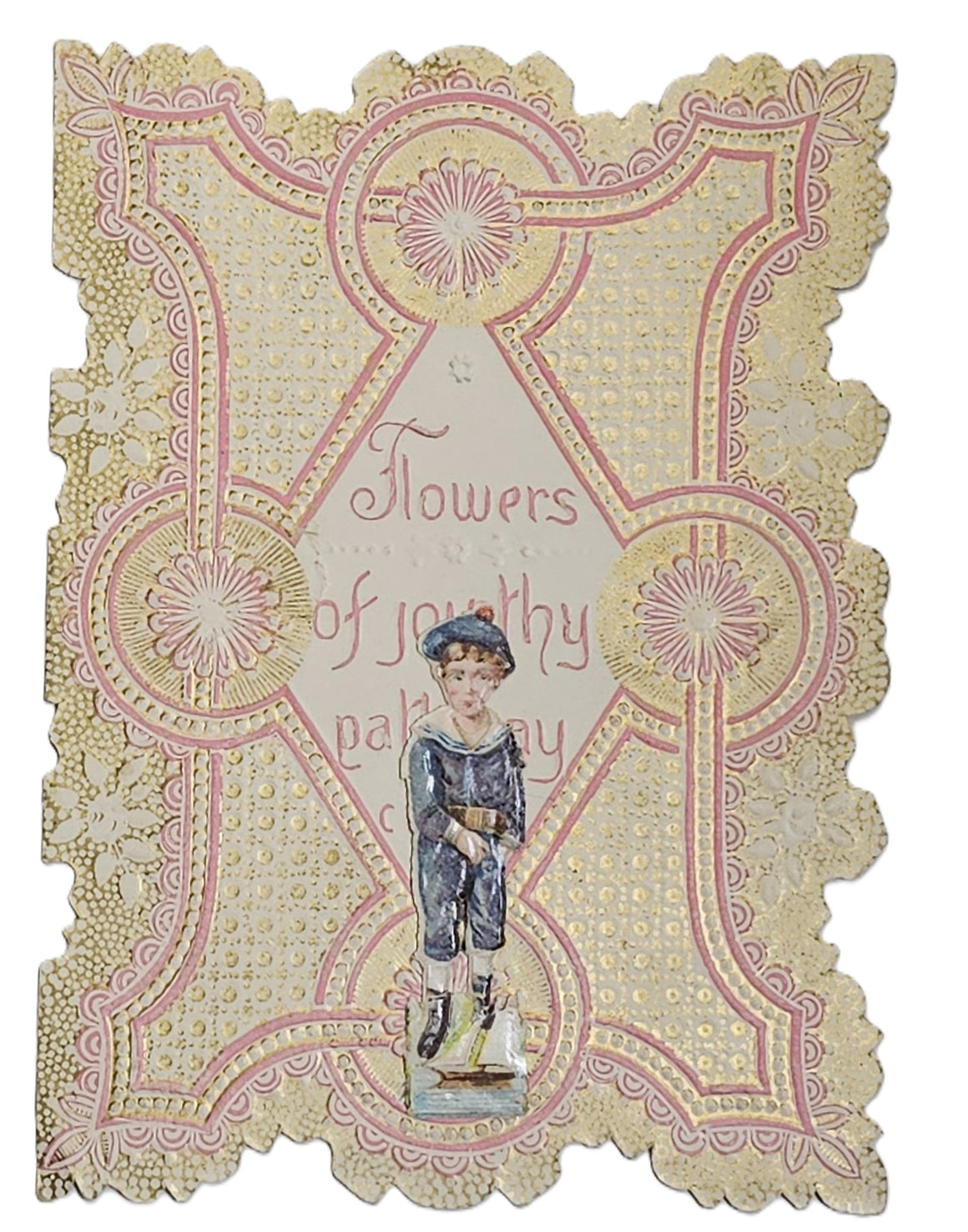 Vintage Antique Die Cut Valentine Card 1900s Gold Embossed Chromolitho with Applied Little Sailor Boy