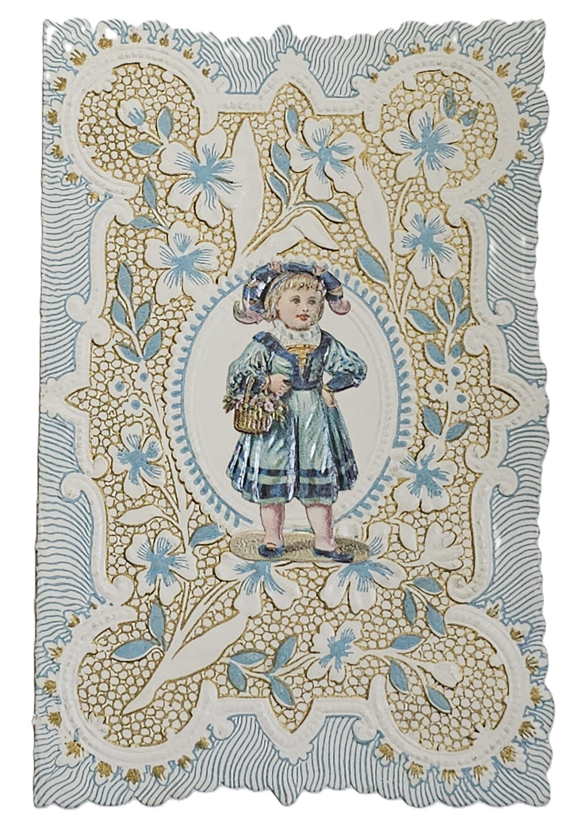 Vintage Antique Die Cut Valentine Card 1900s Blue & Gold Embossed with little Girl in Center Poem on Inside