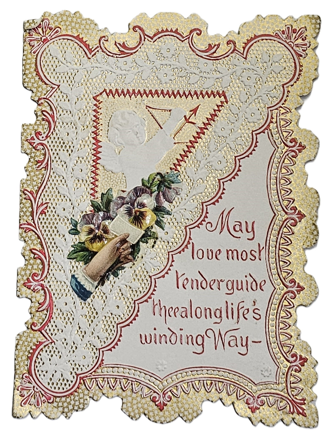 Vintage Antique Die Cut Valentine Card 1900s Gold Embossed Paper Lace Chromolitho Cupid with Flowers