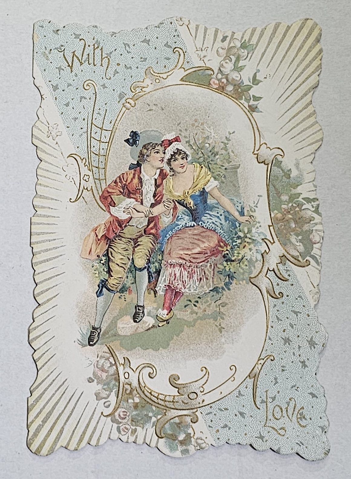 Vintage Antique Die Cut Valentine Card 1900s Embossed Chromolitho Couple with Poem