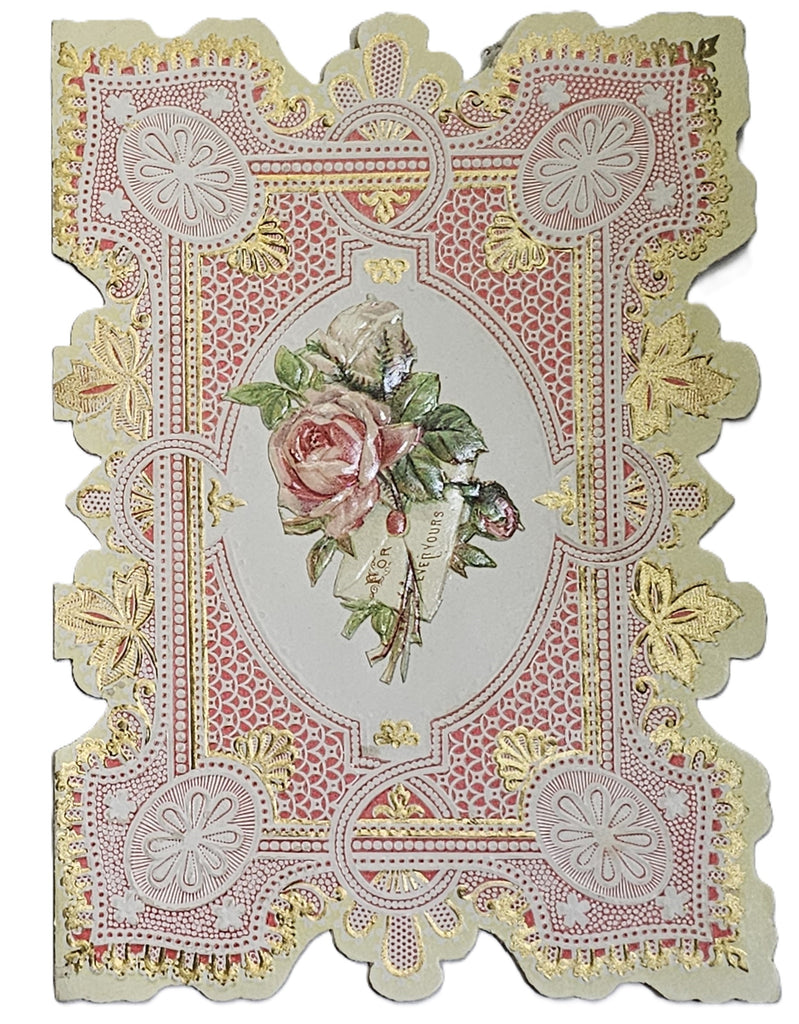 Vintage Antique Die Cut Valentine Card 1900s Gold Embossed Chromolitho with Rose Applied in Center