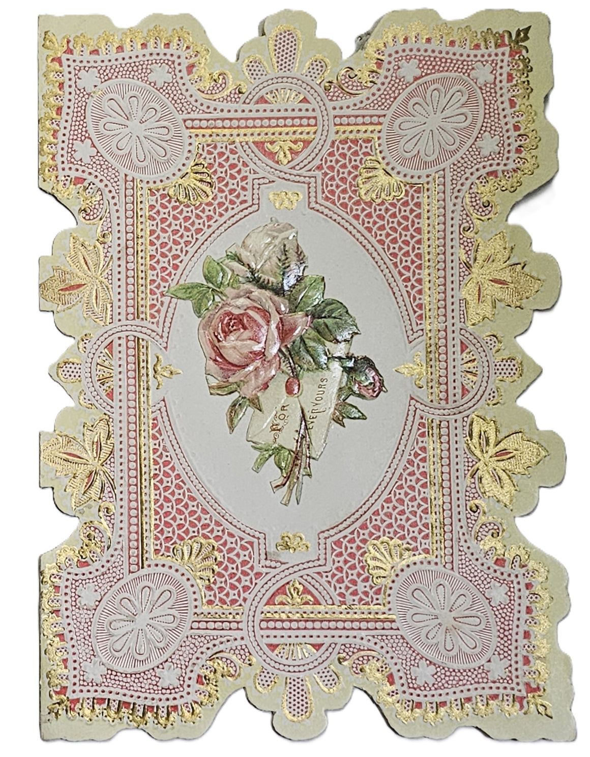 Vintage Antique Die Cut Valentine Card 1900s Gold Embossed Chromolitho with Rose Applied in Center